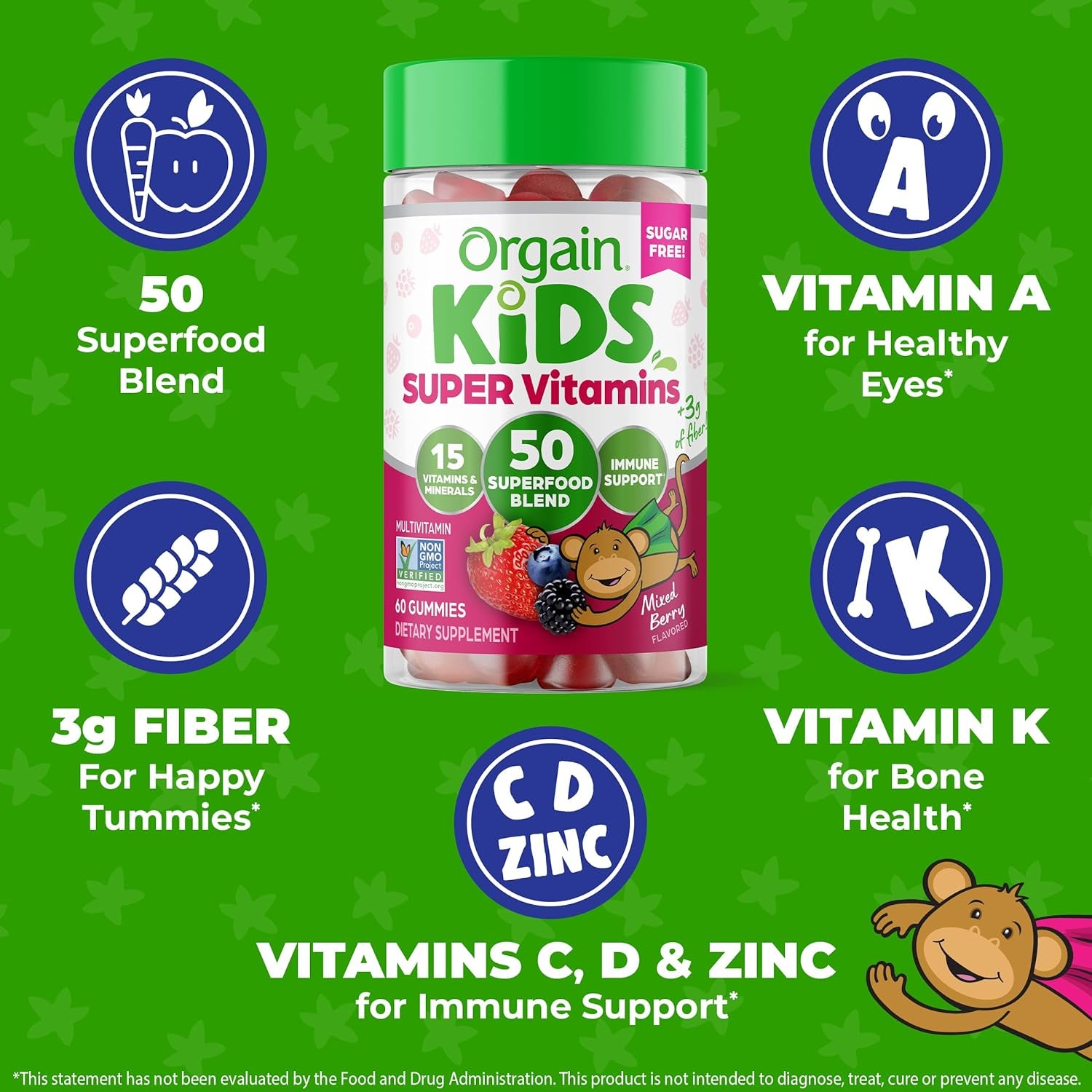 Orgain Kids Sugar Free Multivitamin Gummies, Vegan, 50 Superfoods, 15 Vitamins and Minerals, Immune Support and 3G of Fiber, Mixed Berry, Ages 4+, 1 Month Supply (60 Gummies)