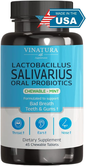 Lactobacillus Salivarius Oral Probiotics - for Mouth Bad Breath, Dental Probiotics for Teeth and Gums, Throat, Ear, Nose - 45 Chewable Mint Tablets