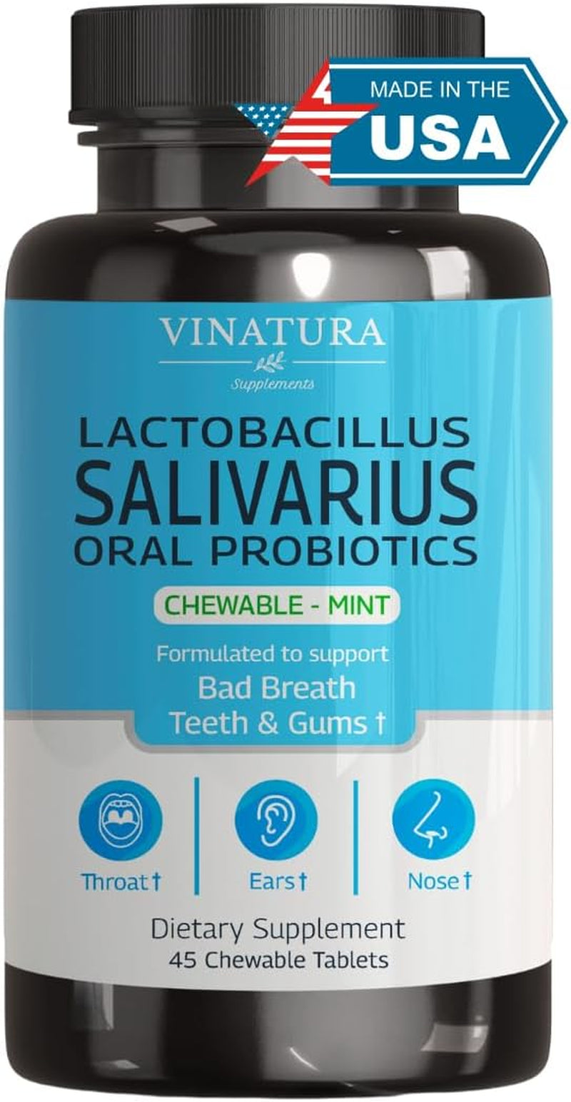 Lactobacillus Salivarius Oral Probiotics - for Mouth Bad Breath, Dental Probiotics for Teeth and Gums, Throat, Ear, Nose - 45 Chewable Mint Tablets