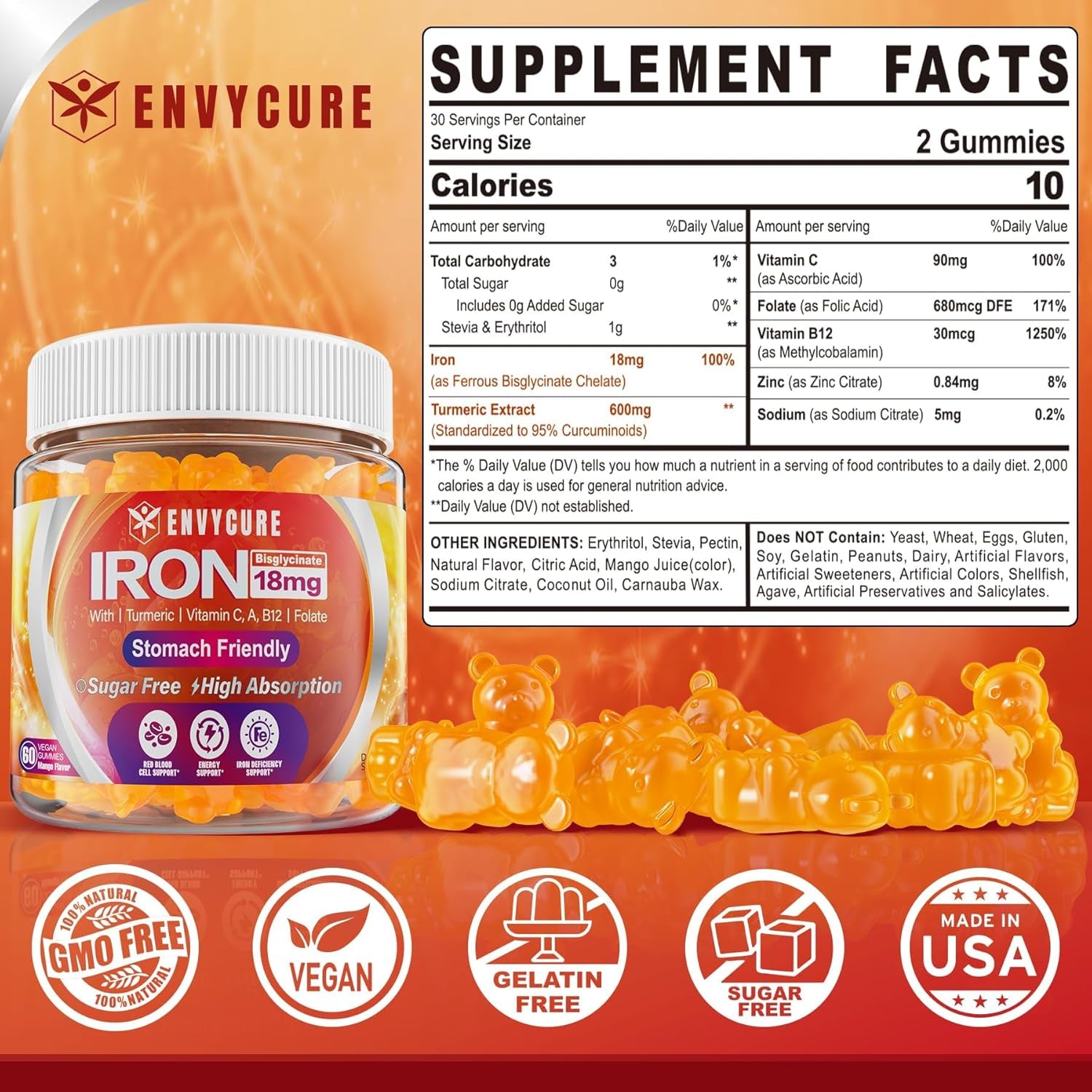 Sugar Free Iron Gummies 18Mg for Women Men, Iron Bisglycinate Supplement Gummies with Vitamin C, Turmeric & Folate - Blood Builder for Iron Deficiency, Anemia & Energy, Non-Constipating (1 PACK)