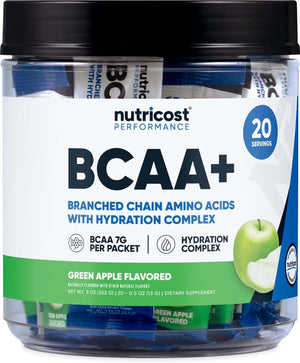 Nutricost BCAA+ Hydration Green Apple Flavored (20 Stickpacks) - Branched Chain Amino Acids with Hydration Complex - Gluten-Free, Non-Gmo