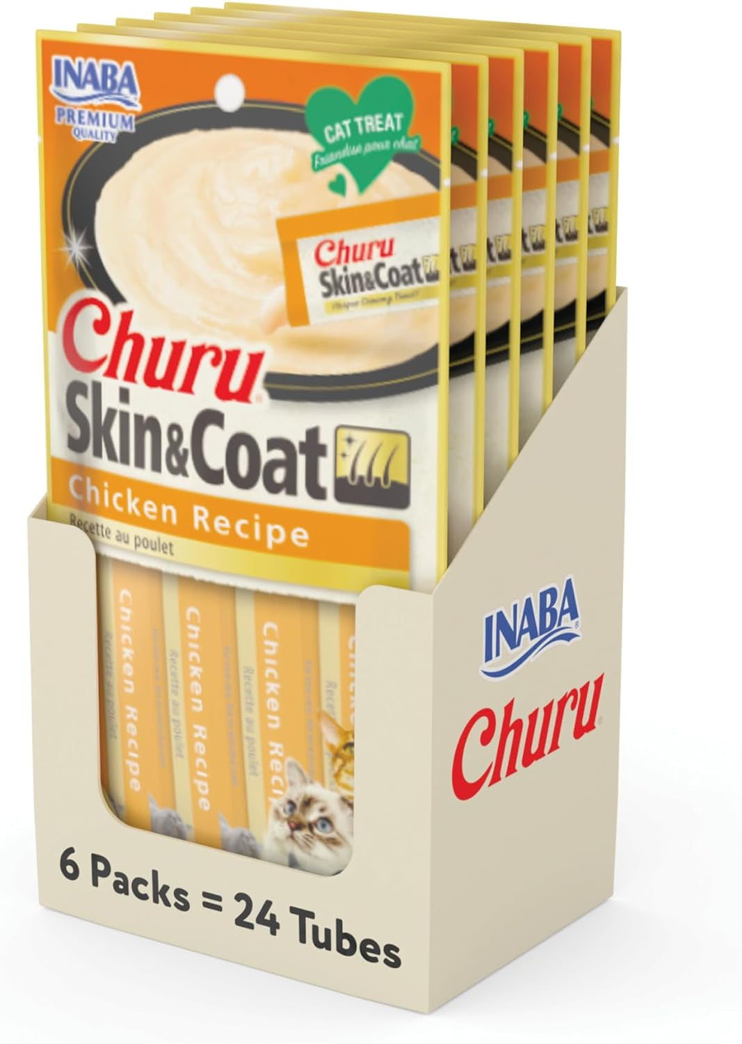 INABA Churu Lickable Purée Natural Cat Treats for Skin and Coat with Omega Oils, Taurine and Vitamin E, 0.5 Ounces Each, 24 Tubes (Four per Package), Tuna Recipe