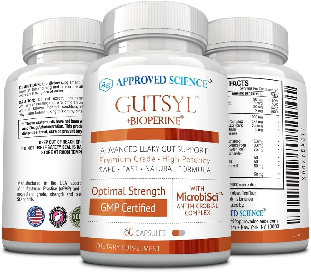 Approved Science® Gutsyl- Leaky Gut Supplement- Protect GI Tract with Aloe Vera, Marshmallow Root, Licorice, and Slippery Elm- Contains Prebiotic and Bioperine- 6 Month Supply- 100% Vegan
