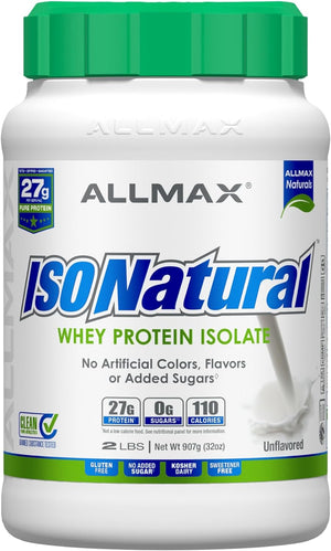 ALLMAX ISONATURAL Whey Protein Isolate, Unflavored - 2 Lb - 27 Grams of Protein per Scoop - Zero Fat & Sugar - 99% Lactose Free - with Prebiotics - No Artificial Flavors - Approx. 31 Servings