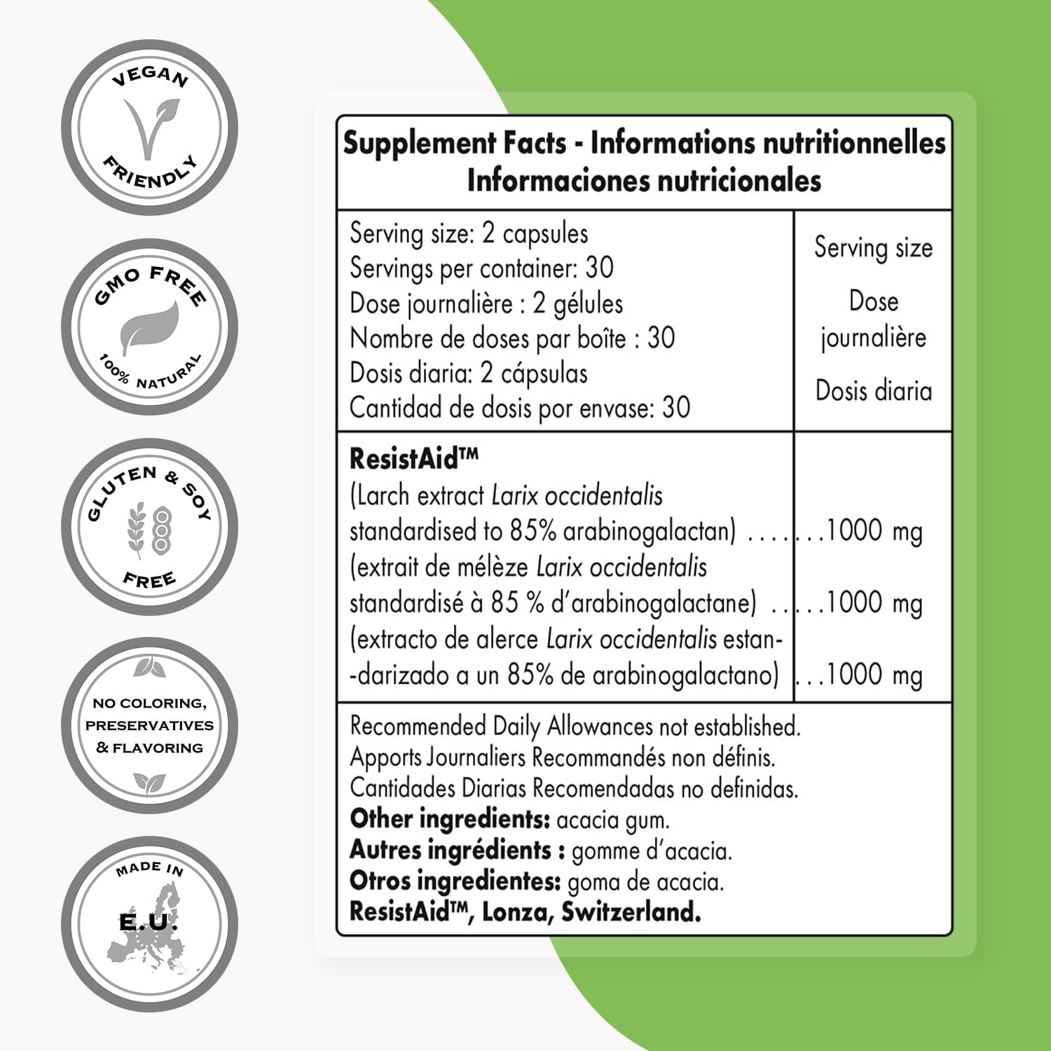 '- Arabinogalactan 85% (High Strength & Patented) 1000 Mg per Day - Resistaid Larch Arabinogalactan - Larix Supplement | Non-Gmo & Gluten Free - 60 Vegetarian Capsules