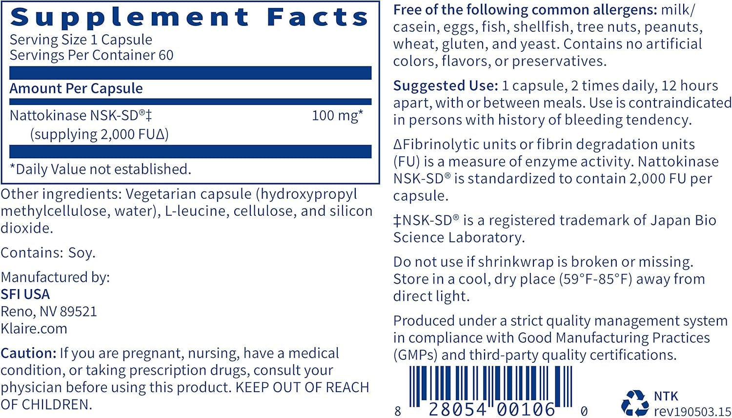 Klaire Labs Nattokinase NSK-SD - Proteolytic Enzyme for Cardiovascular Support, Dairy & Gluten-Free (60 Capsules)