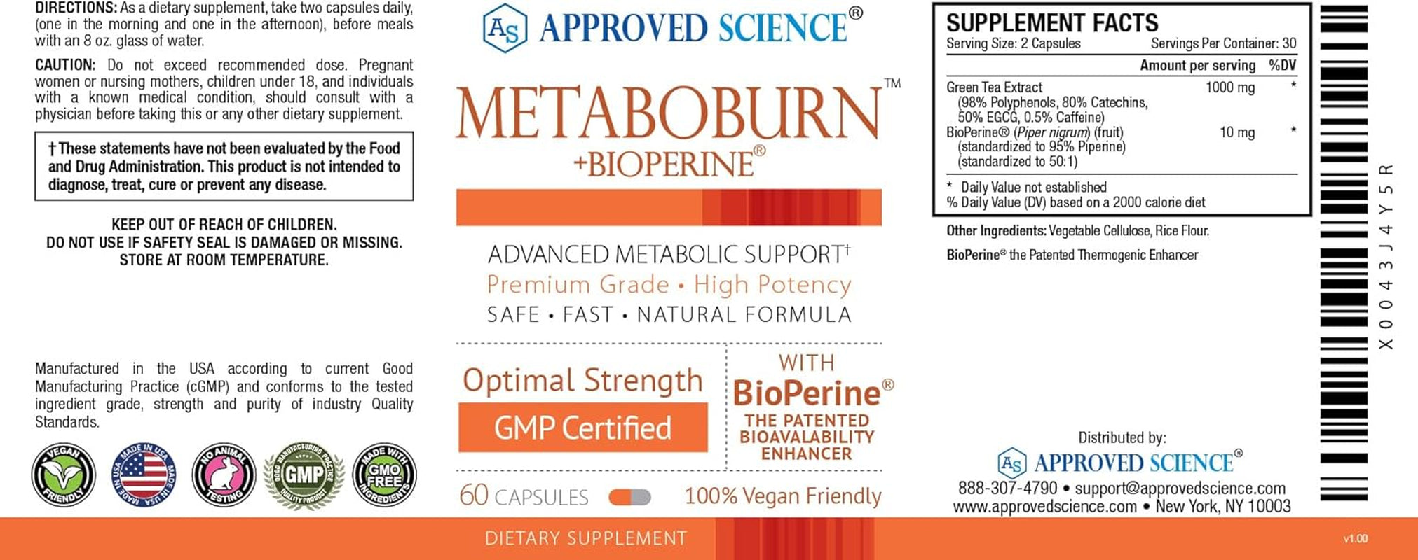 Approved Science Metaboburn - Metabolic Support - Green Tea and Bioperine - 60 Vegan Capsules - High-Potency Extract - 50% EGCG - Non-Gmo, Soy-Free, Allergen-Free - 60 Capsules (Pack of 1) 