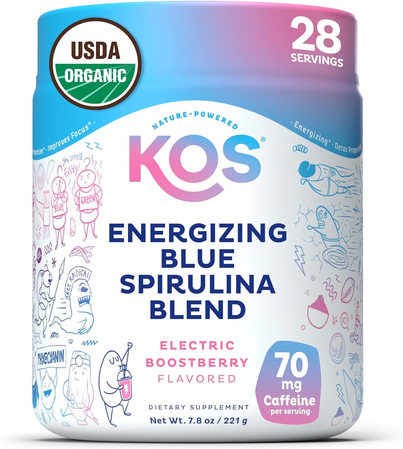 KOS Energizing Blue Spirulina Blend - USDA Certified Organic - B Vitamins, Ashwagandha, Ginseng, Adaptogens, Biotin - Vegan Pre Workout Powder 