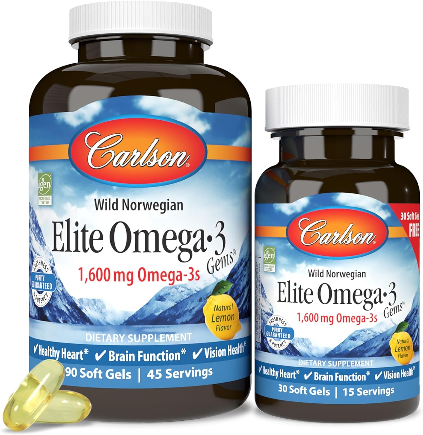 '- Elite Omega-3 Gems, 1600 Mg Omega-3 Fatty Acids Including EPA and DHA, Norwegian Fish Oil Supplement, Wild Caught, Sustainably Sourced Capsules, Lemon, 90+30 Softgels 