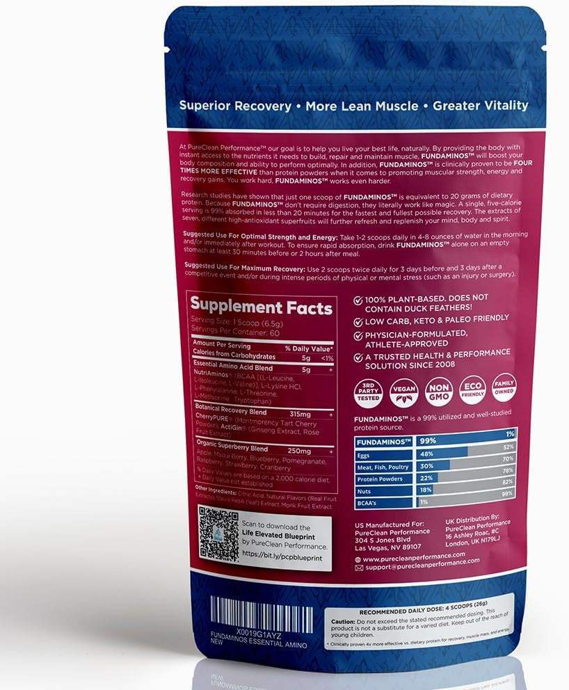 Fundaminos Blend - 100% Organic & Vegan EAA & BCAA Powder for 400% Greater Lean Muscle, Faster Recovery & Strength Vs. Protein Powder - Clinically Tested Post Workout - Real Superfruits - 60 Servings 