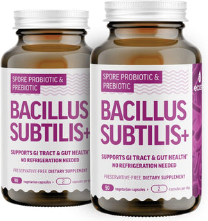 Bacillus Subtilis Spore Based Probiotic — High Potency Strain with Prebiotic for Balanced Belly | Daily Gut Health & Microbiome Support for Family | 6 Billion CFU per Day | 180 Vegetarian Capsules
