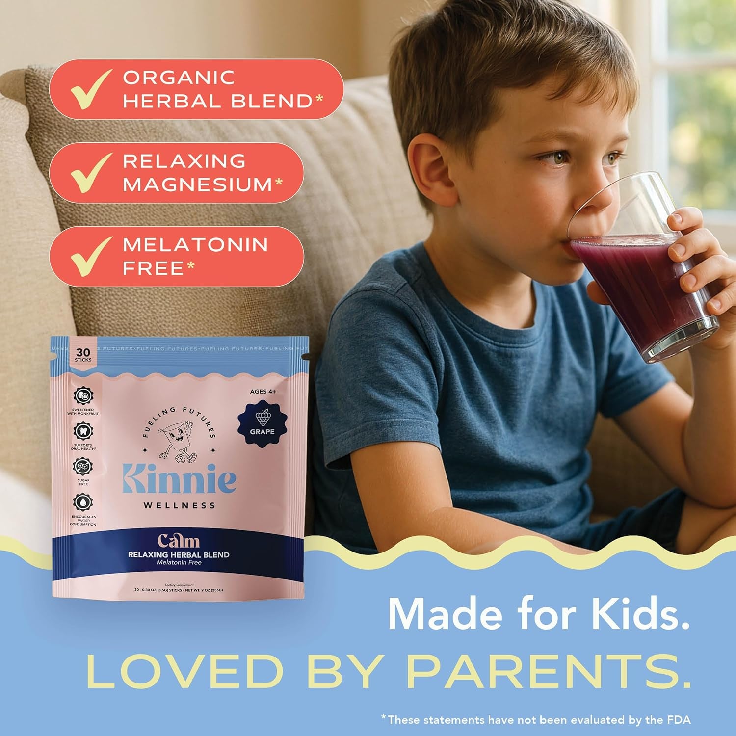 Kinnie Calm Drink Mix for Kids - Grape Flavor, Sugar Free & Melatonin Free - Herbal Magnesium Supplement for Bedtime, Focus & Travel (30 Sticks)