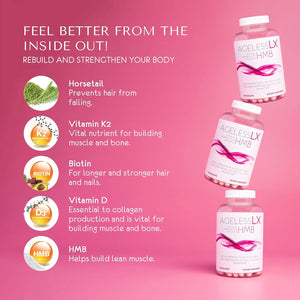 HMB Collagen Enhancer plus Vitamin D3, K2, Biotin, Calcium, and Horsetail, for Lean Sculpted Muscles, Tighter, Glowing Skin & Thicker, Stronger Hair and Nails, 60 Servings