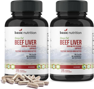 Basic Nutrition Pasture Raised Grass Fed Grass Finished Beef Liver Capsules | 3000Mg Serving | 100% Hormone Free Desiccated, Undefatted Beef Liver with No Fillers, Non-Gmo, Pesticide Free, Gluten-Free