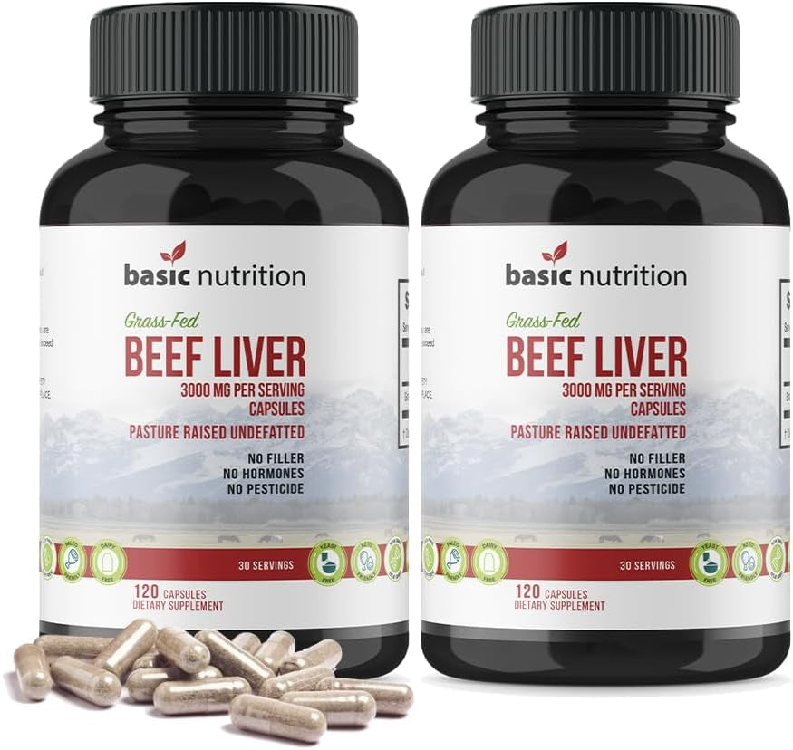 Basic Nutrition Pasture Raised Grass Fed Grass Finished Beef Liver Capsules | 3000Mg Serving | 100% Hormone Free Desiccated, Undefatted Beef Liver with No Fillers, Non-Gmo, Pesticide Free, Gluten-Free