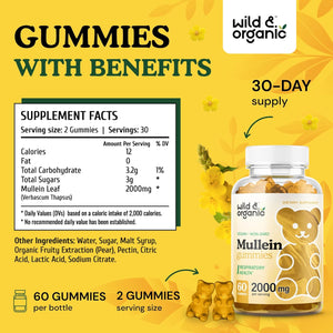 Wild & Organic Mullein Gummies 2000Mg - Daily Dietary Supplement for Respiratory, Digestive & Immune Support - Vegan, Non-Gmo Verbascum Thapsus Herbal Extract - 60 Chews 