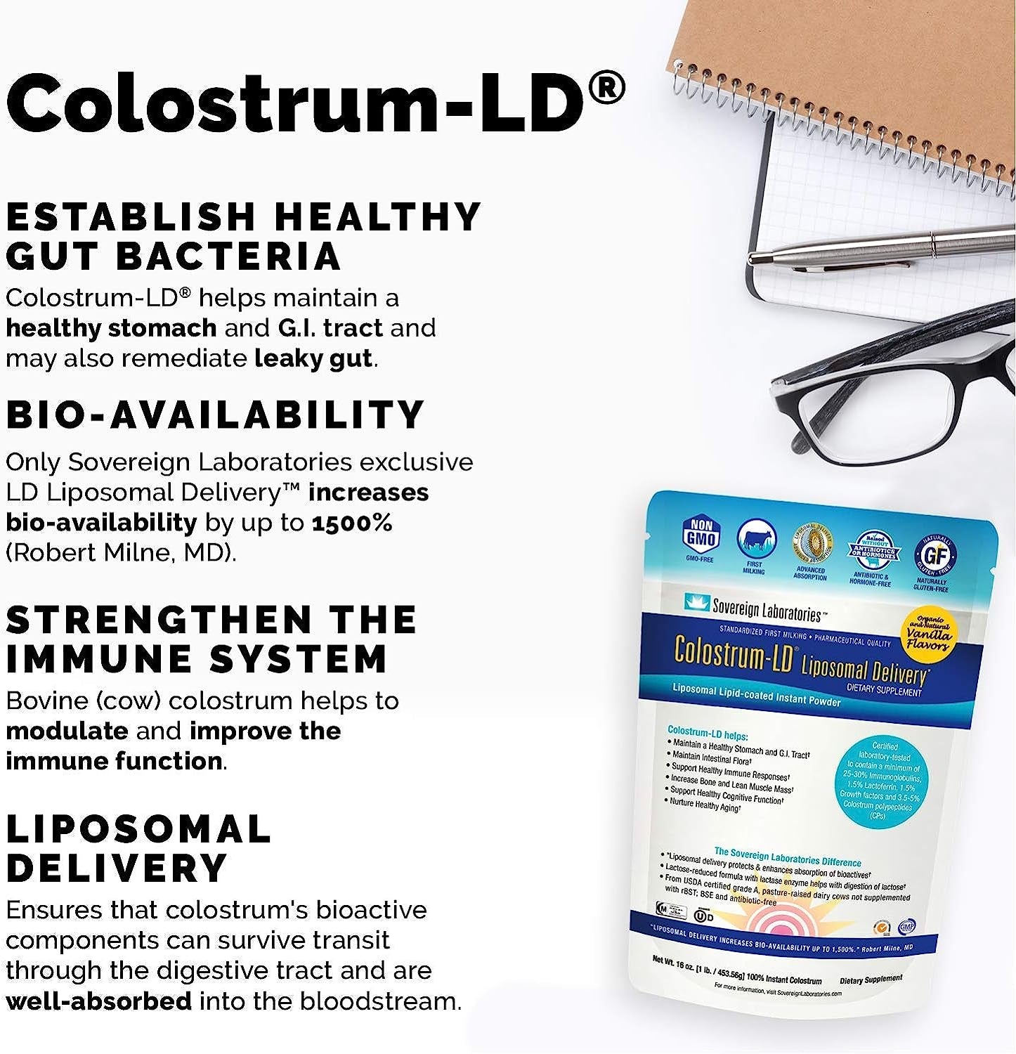 Colostrum-Ld Liposomal Delivery - Colostrum Powder - Gluten-Free, Lactose-Reduced - 34 Servings - Sovereign Laboratories - 6 Oz Vanilla