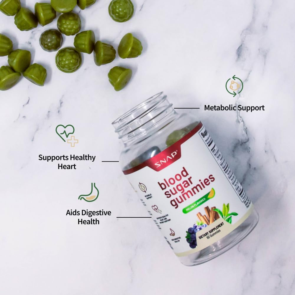 Snap Supplements Blood Sugar Gummies, Support Already Healthy Blood Sugar Levels, Cinnamon Bark and Blueberry Fruit Extract, Natural Melon Flavor, 60 Gummies