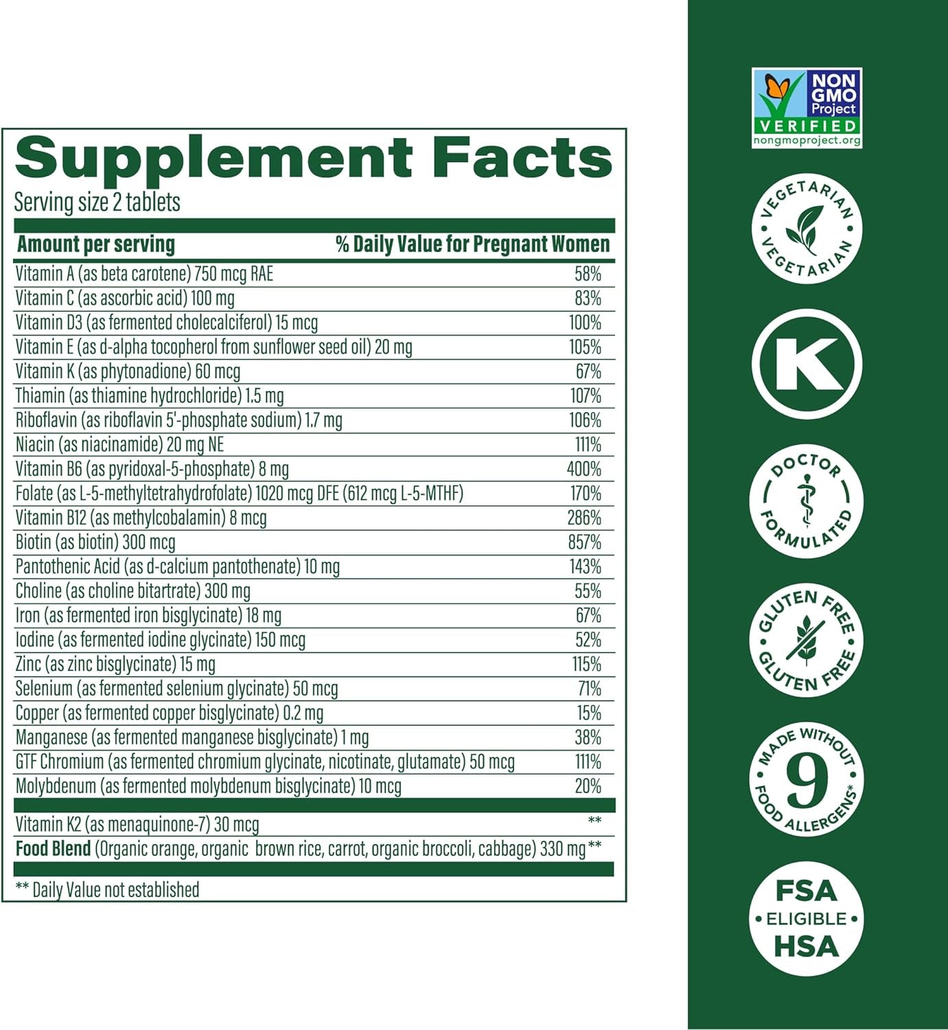 Megafood Baby & Me 2 Prenatal Vitamin and Minerals - Vitamins for Women - with Folate (Folic Acid Natural Form), Choline, Iron, Iodine, and Vitamin C, Vitamin D and More - 120 Tabs (60 Servings)