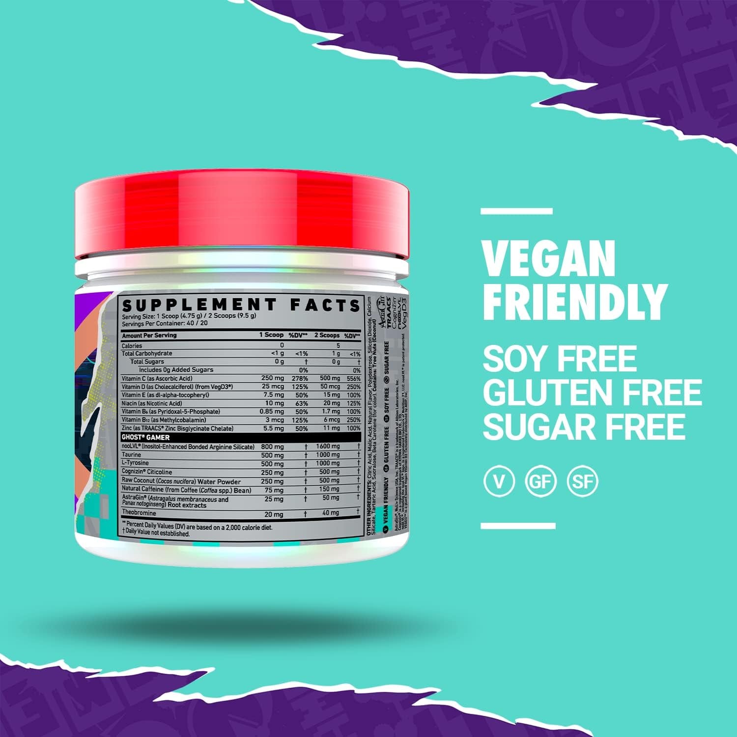 GHOST Gamer: Energy and Focus Support Formula - 40 Servings, Sour Patch Kids Redberry - Nootropics & Natural Caffeine for Attention, Accuracy & Reaction Time - Vegan, Gluten-Free