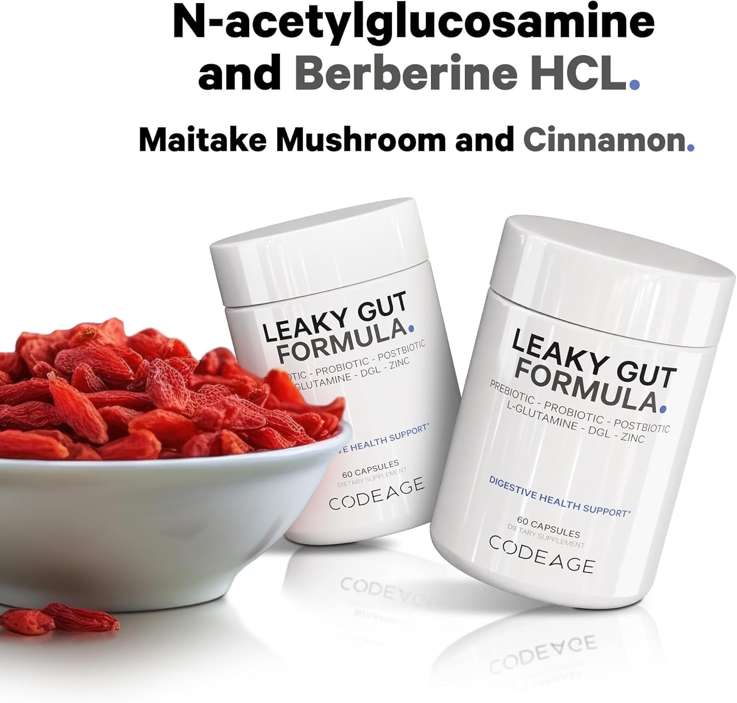Leaky Gut, L-Glutamine for Gut Health Support, N-Acetylglucosamine Supplement, Probiotic, Butyric Acid, Polyphenols, Quercetin, DGL, Berberine, Bioperine, Cinnamon, Vegan, Non-Gmo, 60 Capsules