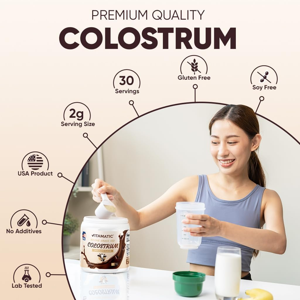 Vitamatic Bovine Colostrum Powder - Supplement for Gut Health, Hair Growth, Beauty, Muscle Recovery, & Immune Support - Easy to Mix - 30 Servings (Unflavored) (30 Servings, Chocolate) 