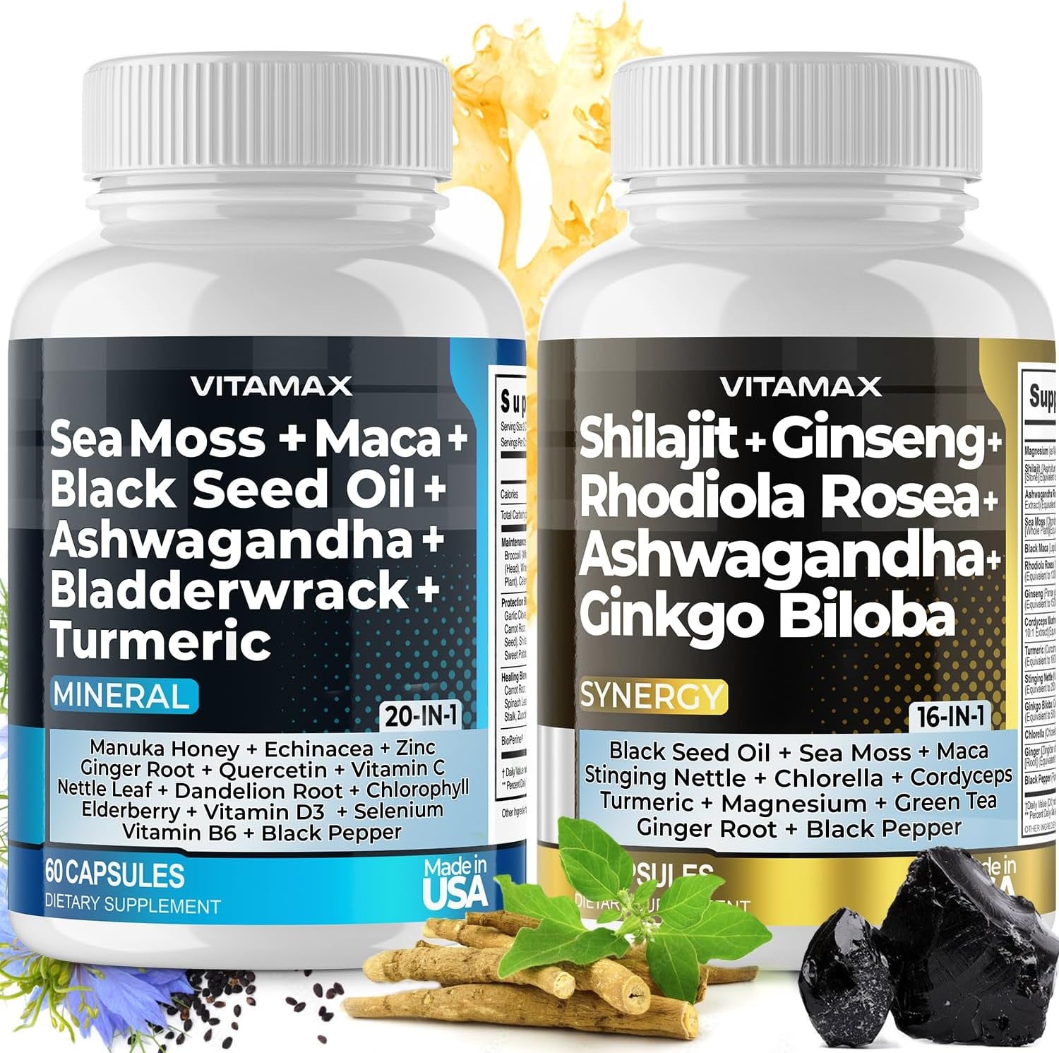 Pure Himalayan Shilajit Supplement 10,000Mg Sea Moss 2,000Mg Ashwagandha 6,000Mg Bladderwrack 1000Mg Gingko Biloba 500Mg Organic Capsules & Trace 
