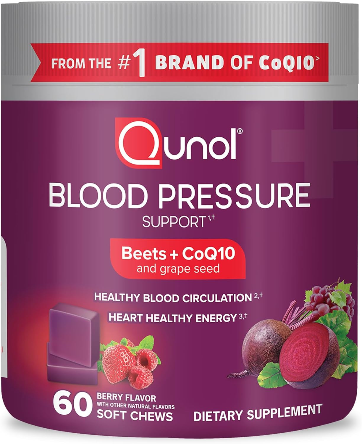 Qunol Beets Chews for Blood Pressure Support, 3 in 1 Beets + Coq10 + Grape Seed Extract, Supports Healthy Blood Circulation & Heart Healthy Energy, 60 