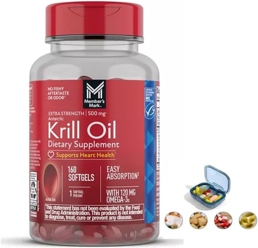 Member Extra-Strength Antarctic Pure Omega-3 Krill Oil, 500 Mg, with EPA, DHA, Astaxanthin Phopholipids, Supports Heart, Brain, Joint and Eye Health,160 Ct. Packaging May Vary,Include Pill Case