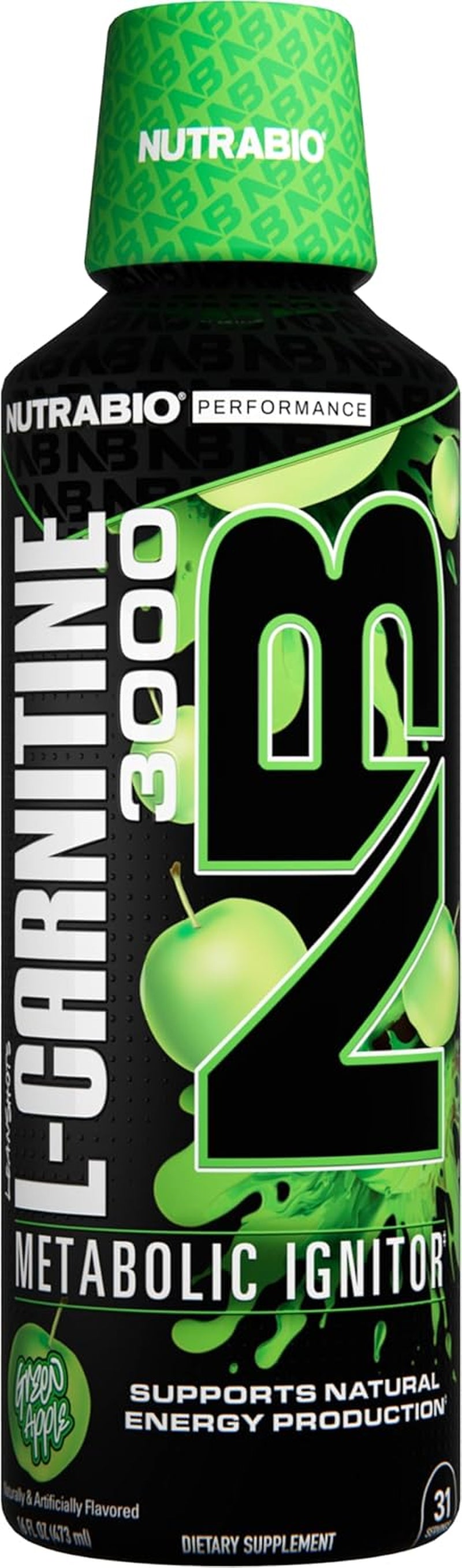 Nutrabio – L-Carnitine Liquid Shots – 3000Mg, (Green Apple) – 10Mg of Vitamin B-5 – Zero Carbs & Sugars – Energy Production – Muscle Recovery