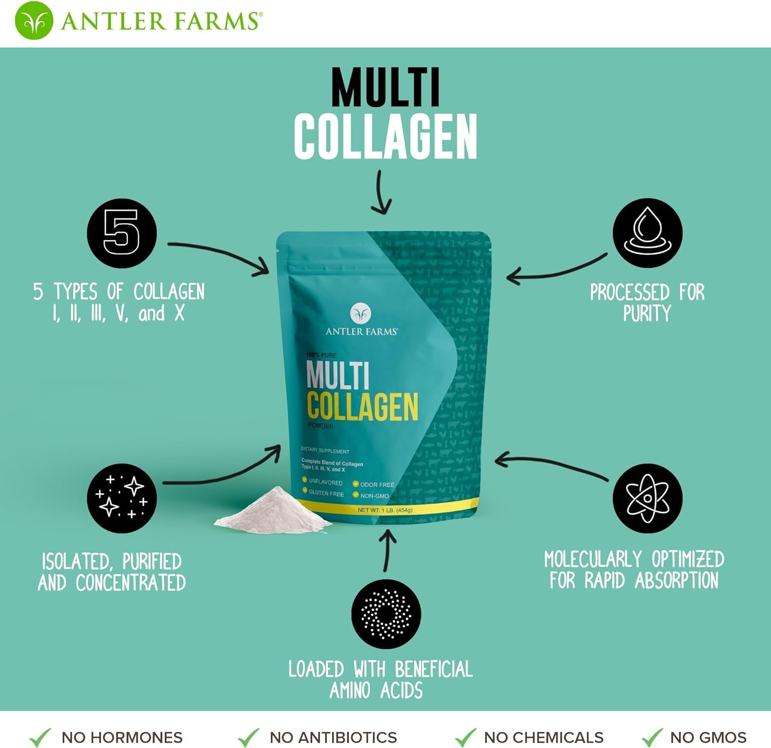 Antler Farms - Multi Collagen Protein Powder - 5 Types (I, II, III, V, and X) 100% Pure Hydrolyzed Collagen Peptides for Men and Women - Bioavailable, Rapid Absorption - Unflavored - 1 Lb