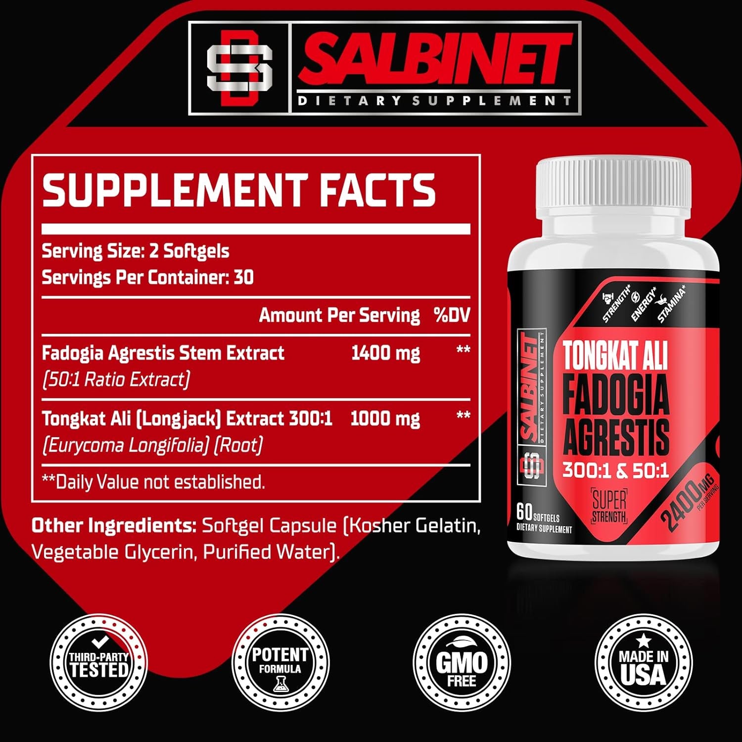 2400Mg Fadogia Agrestis Tongkat Ali Supplements - Third Party Tested - 1400Mg Fadogia Agrestis & 1000Mg Tongkat Ali, Maximum Strength, Muscle Mass & Athletic Performance, 2 Packs