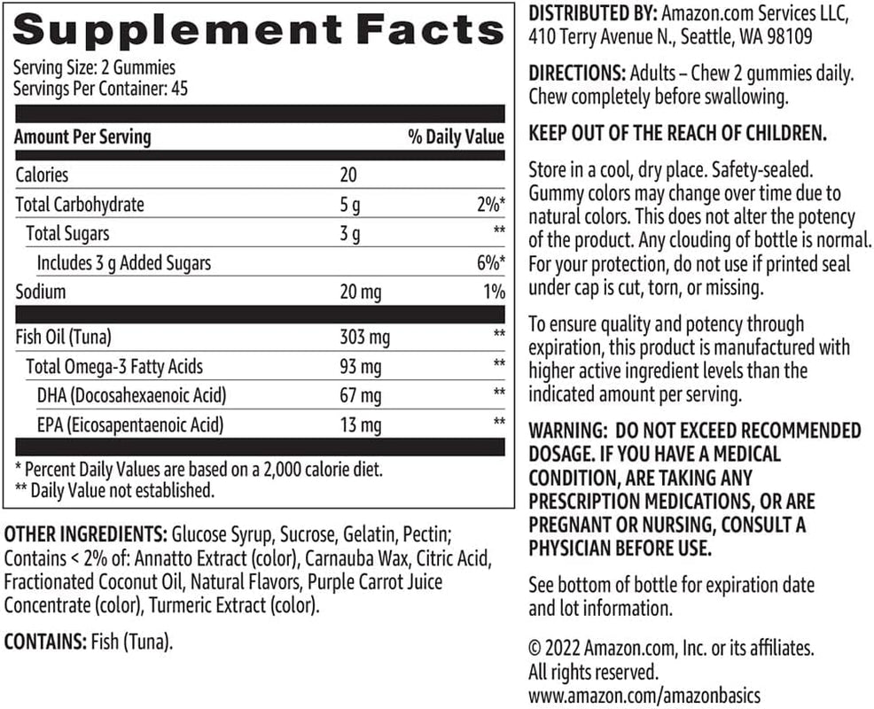 Fish Oil 303 Mg, Lemon, Orange & Strawberry-Banana Flavors, 90 Gummies (2 per Serving), EPA and DHA Omega-3 Fatty Acids (Previously Solimo)