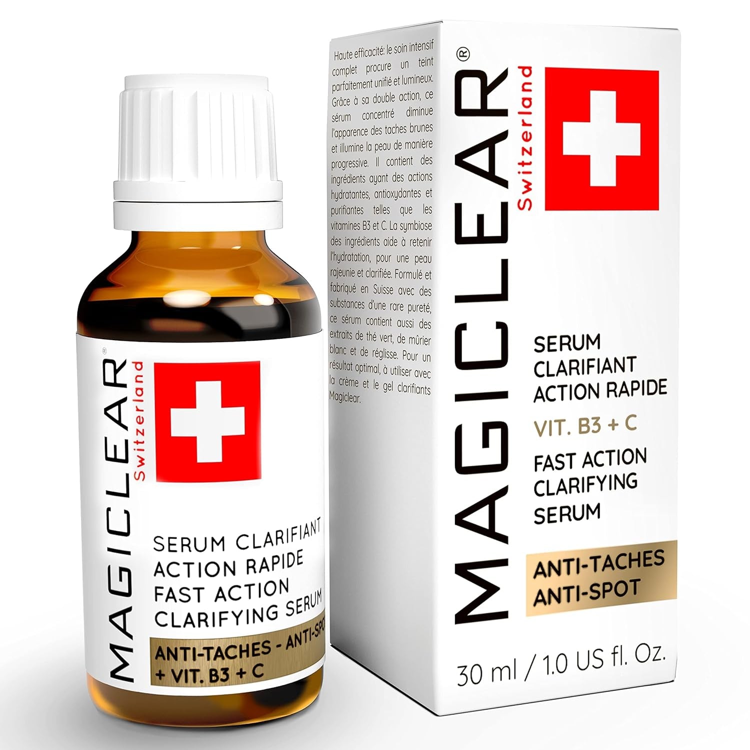 Luxury Swiss Dark Spot Remover for Face Body Serum Age Sun Brown Spot Freckles Corrector Melasma Treatment anti Aging Skin Vitamin C + Niacinamide Organic Magiclear