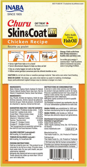 INABA Churu Lickable Purée Natural Cat Treats for Skin and Coat with Omega Oils, Taurine and Vitamin E, 0.5 Ounces Each, 24 Tubes (Four per Package), Tuna Recipe