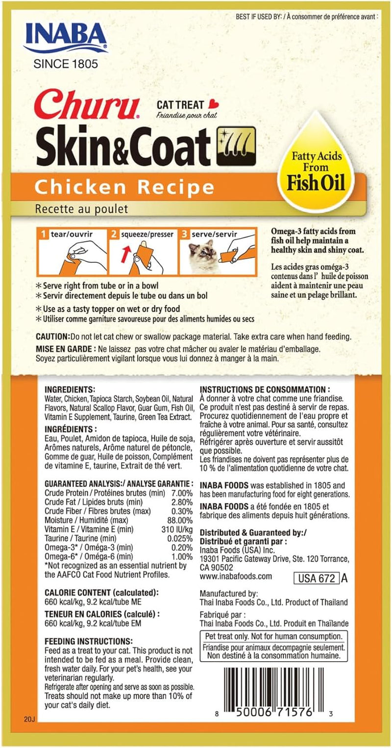 INABA Churu Lickable Purée Natural Cat Treats for Skin and Coat with Omega Oils, Taurine and Vitamin E, 0.5 Ounces Each, 24 Tubes (Four per Package), Tuna Recipe