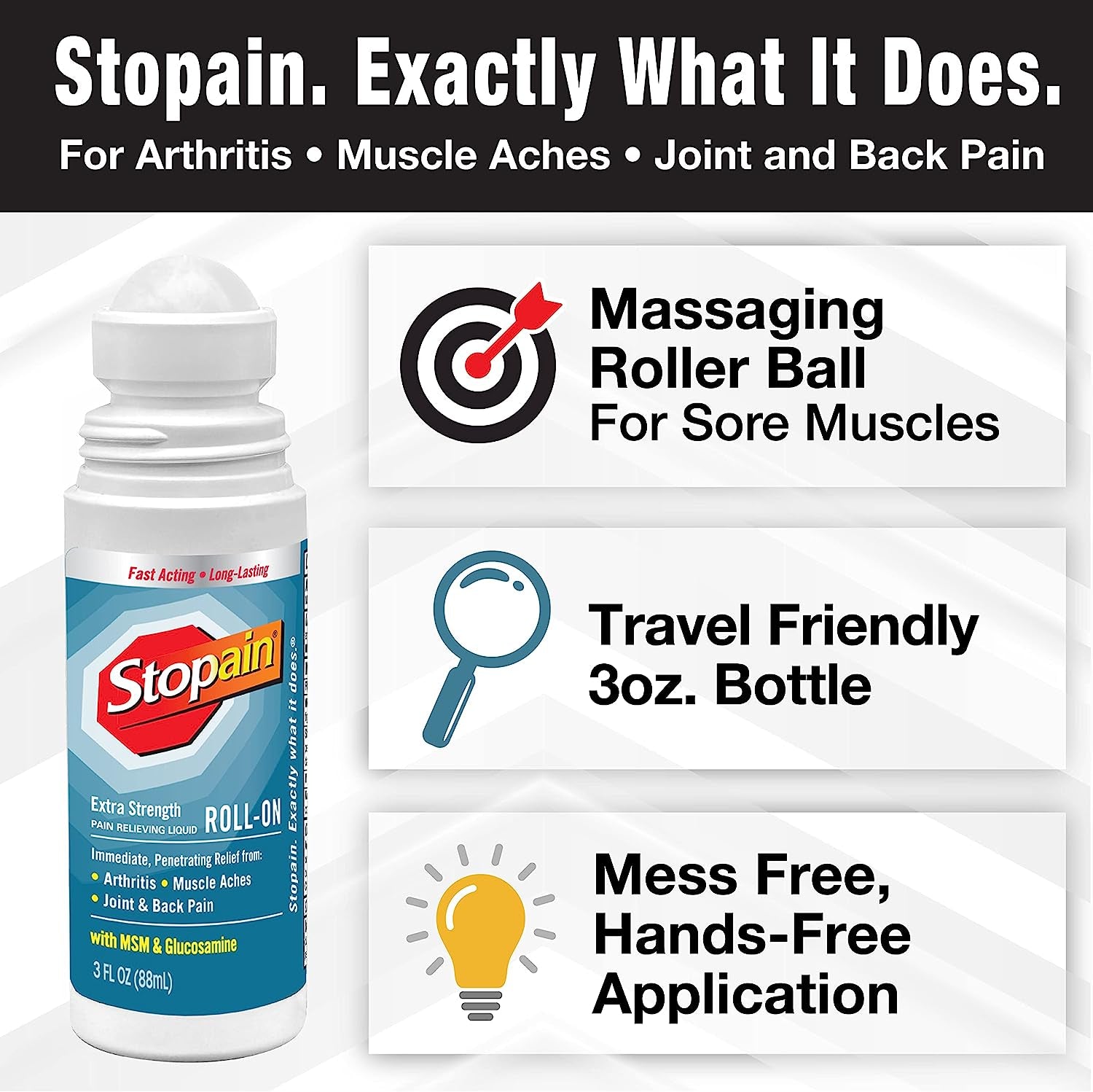 Stopain Pain Relief Roll on Gel 3Oz, USA Made, Max Strength Fast Acting with MSM, Glucosamine, Menthol for Arthritis, Lower Back, Knee, Neck, HSA FSA Approved OTC Topical Analgesic Products