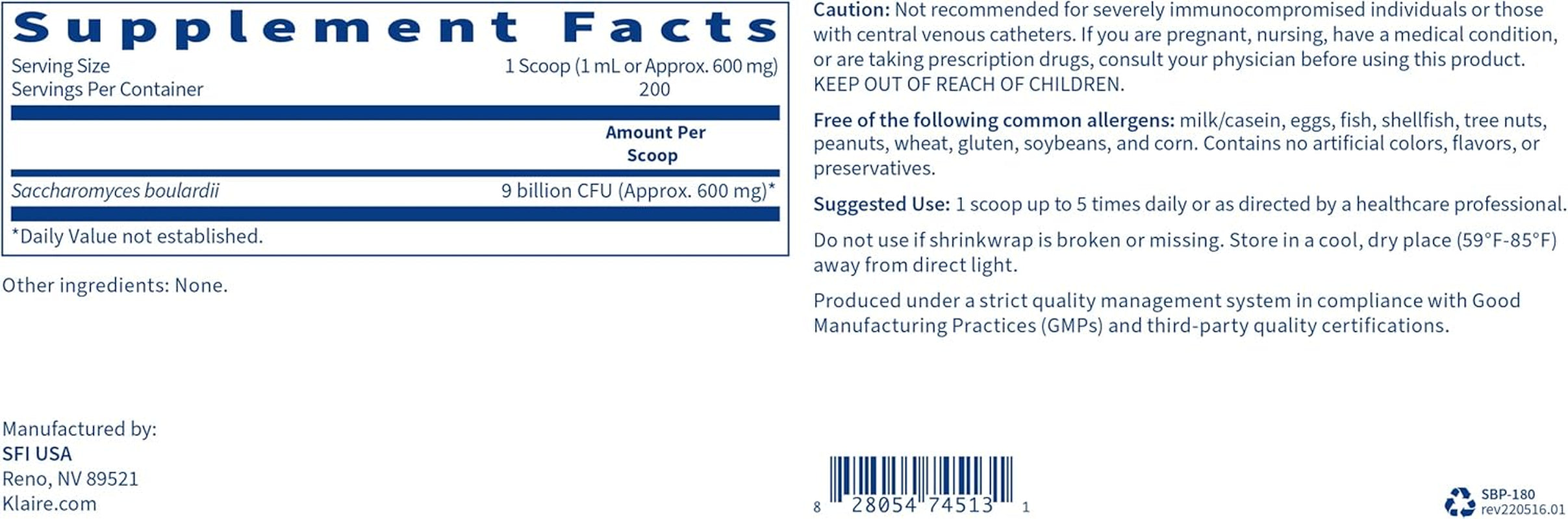 Klaire Labs Pure Saccharomyces Boulardii Powder - Probiotic Supplement to Support Healthy Yeast Balance - Digestive + Immune Support - Hypoallergenic - Double Scoop for Kids & Adults (4.48Oz) 