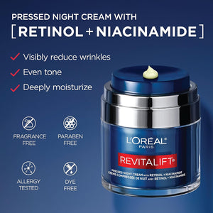 L'Oreal Paris Revitalift Pressed Night Cream, Retinol + Niacinamide, Reduces Wrinkles, Fragrance Free, 1.7 Oz + Serum Sample