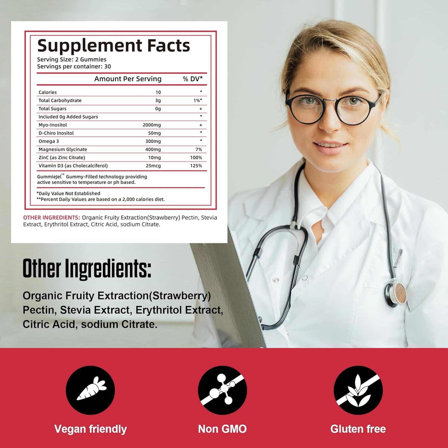 Inositol Gummies, Inositol Supplement with Myo-Inositol & D-Chiro Inositol + Vitamin D3, Ideal 40:1 Ratio, with Magnesium Glycinate 400Mg, Supports Regular Cycle for Women, Vegan, 60 Gummies