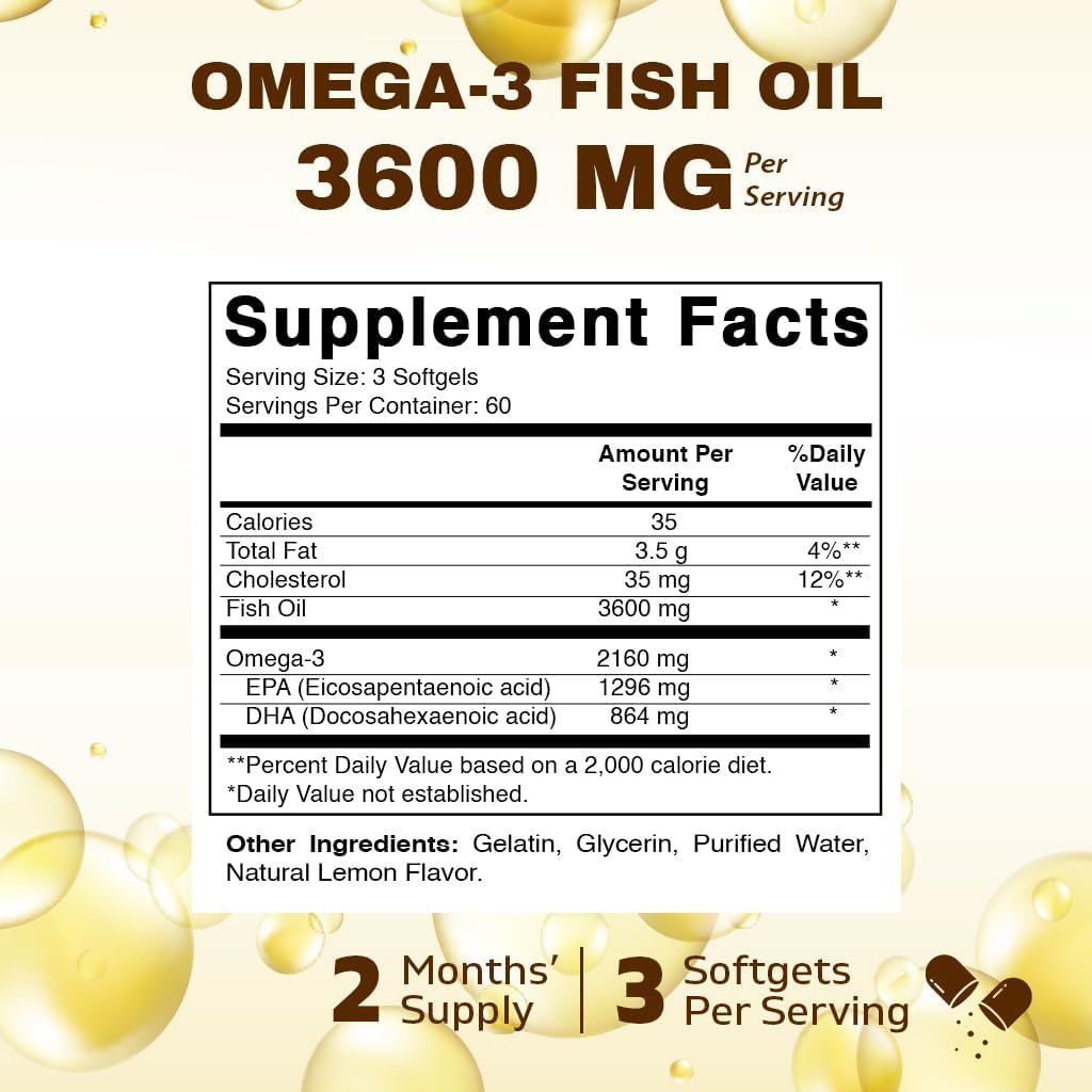 Vitamatic Triple Strength Omega 3 Fish Oil 3600Mg per Serving, 2160Mg Omega 3 Fatty Acids, 1296Mg EPA + 864Mg DHA, Burpless Lemon Flavor, 180 Softgels