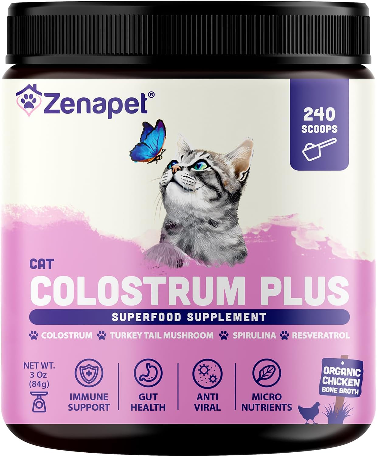 Zenapet Cat Colostrum plus Superfood Supplement, 240 Day Supply Bovine Colostrum Powder, Cat Probiotic for Immune Support, Digestive Health, Allergy Relief, Joint Support, and Skin/Coat Health 