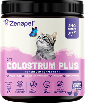 Zenapet Cat Colostrum plus Superfood Supplement, 240 Day Supply Bovine Colostrum Powder, Cat Probiotic for Immune Support, Digestive Health, Allergy Relief, Joint Support, and Skin/Coat Health 