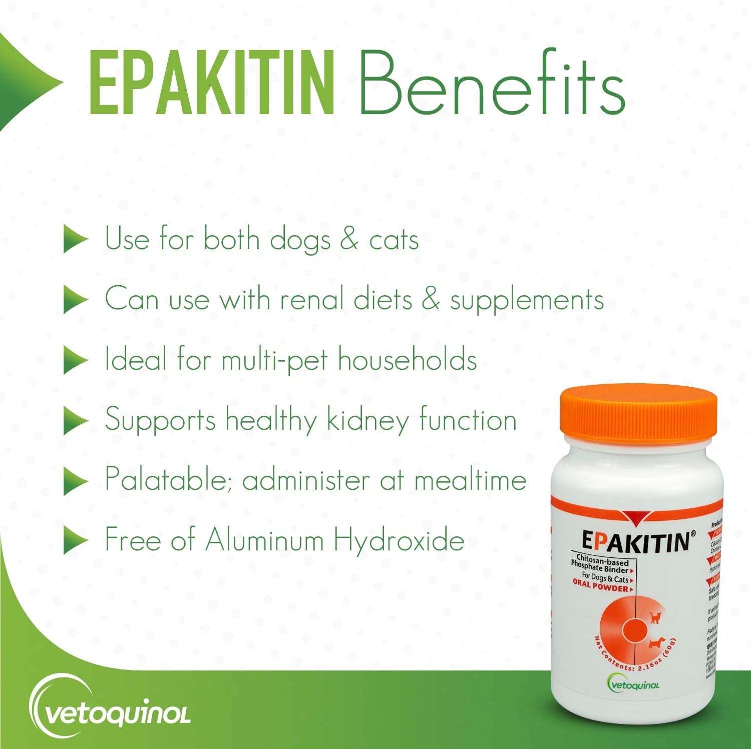 Vetoquinol Epakitin Chitosin-Based Phosphate Binder for Cats & Dogs – Renal Support Supplement Powder - 300G 