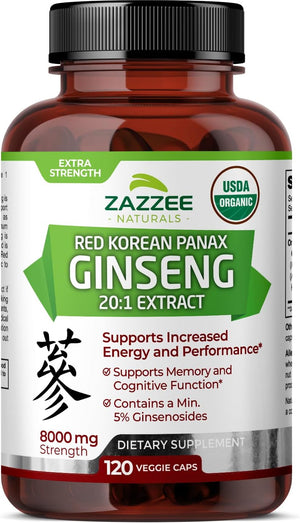 Zazzee USDA Organic Red Korean Panax Ginseng 20:1 Extract, 8000 Mg Strength, 5% Ginsenosides, 120 Vegan Capsules, Standardized and Concentrated 20X Root Extract, 100% Vegetarian, All-Natural, Non-Gmo 