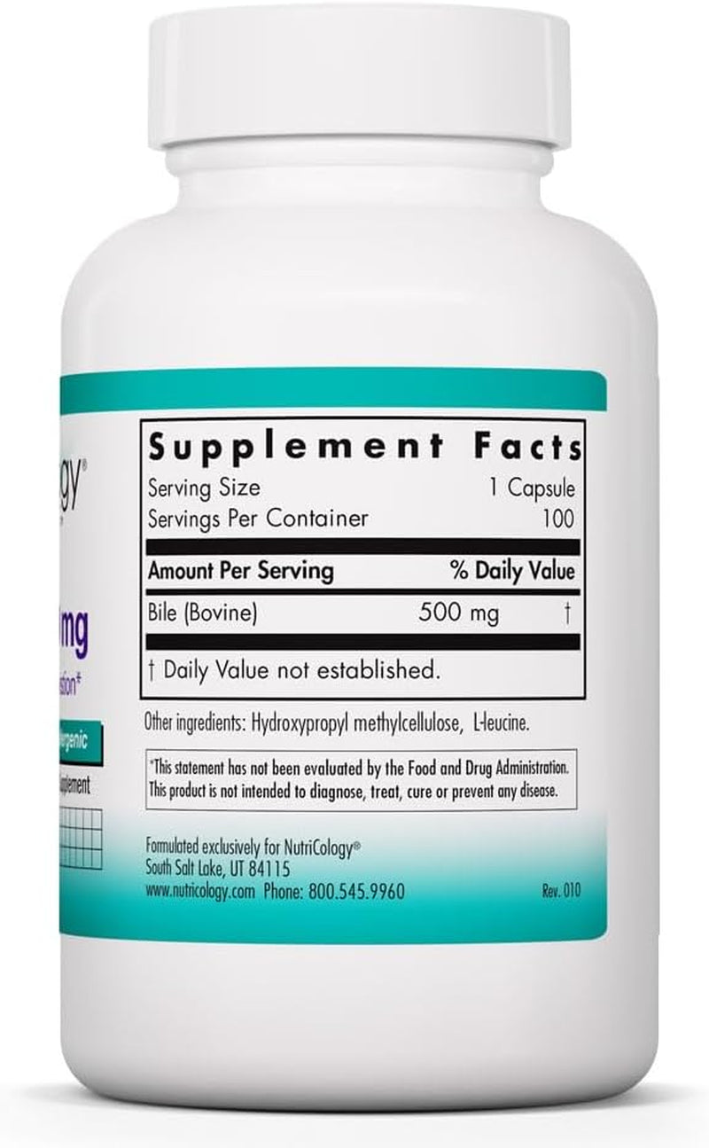 Nutricology Ox Bile 500 Mg - Ox Bile Supplements for No Gallbladder, Digestive Enzymes for Liver, Fat Digestion Support, Hypoallergenic Gallblader Supplements - 100 Capsules 1-Pack 