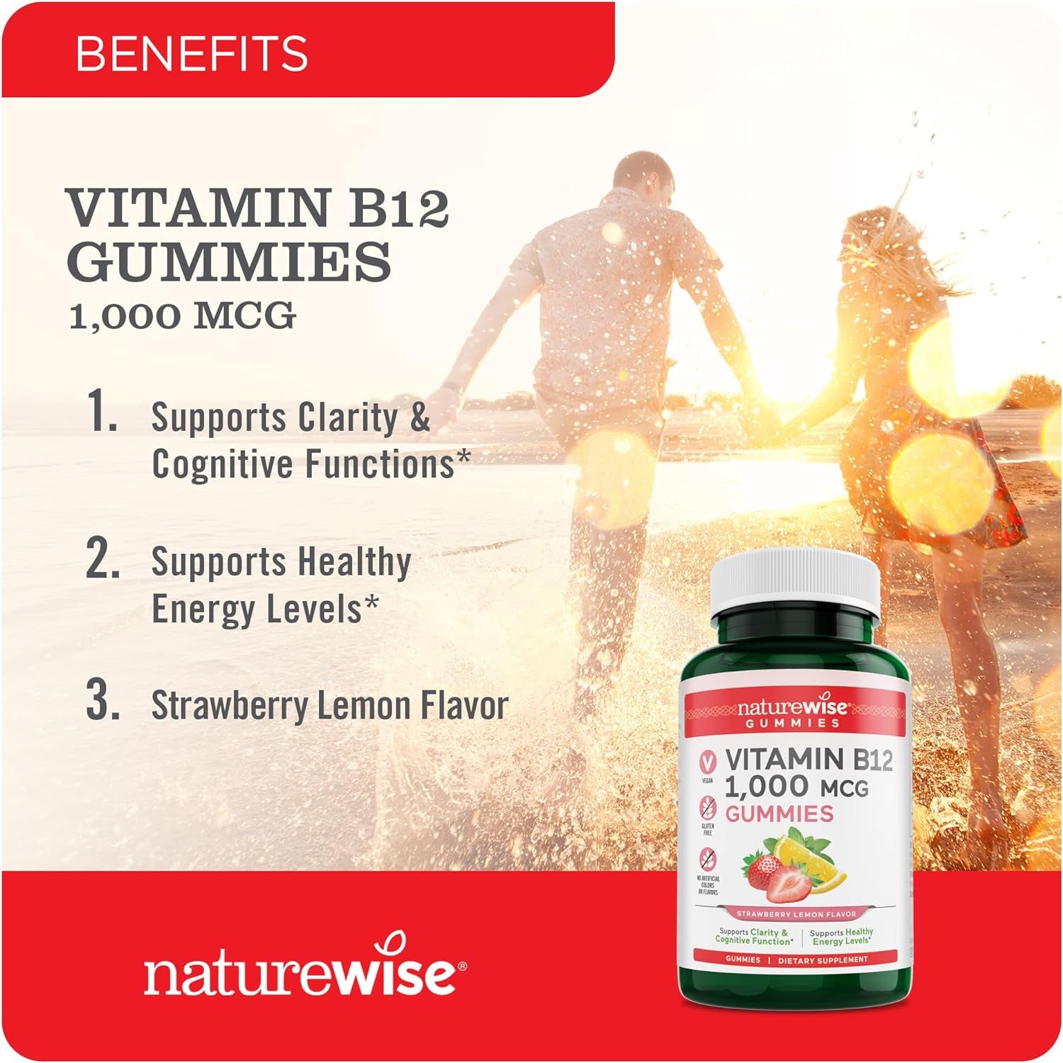 Naturewise Vitamin B12 Gummies for Adults, 1000 Mcg - Strawberry Lemon Flavor - Supports Daily Energy, Mental Clarity, Cognitive Function - Vegan, Gluten-Free, Non-Gmo - 180 Gummies[3-Month Supply]