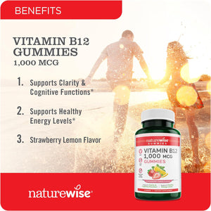 Naturewise Vitamin B12 Gummies for Adults, 1000 Mcg - Strawberry Lemon Flavor - Supports Daily Energy, Mental Clarity, Cognitive Function - Vegan, Gluten-Free, Non-Gmo - 180 Gummies[3-Month Supply]