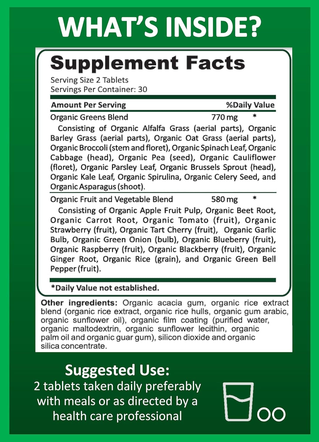 Organic Superfood Greens, Fruit and Veggies Supplement Rich in Vitamins & Antioxidants with Alfalfa, Beet Root & Tart Cherry to Boost Energy, Immunity & Gut Health, Greens Tablets 60 Ct 