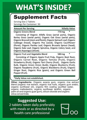 Organic Superfood Greens, Fruit and Veggies Supplement Rich in Vitamins & Antioxidants with Alfalfa, Beet Root & Tart Cherry to Boost Energy, Immunity & Gut Health, Greens Tablets 60 Ct 